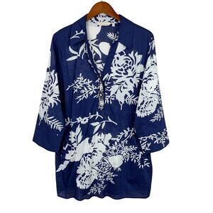 Soft Surroundings Margaux Beaded Tunic Top Blue White Floral Cotton Women's XL